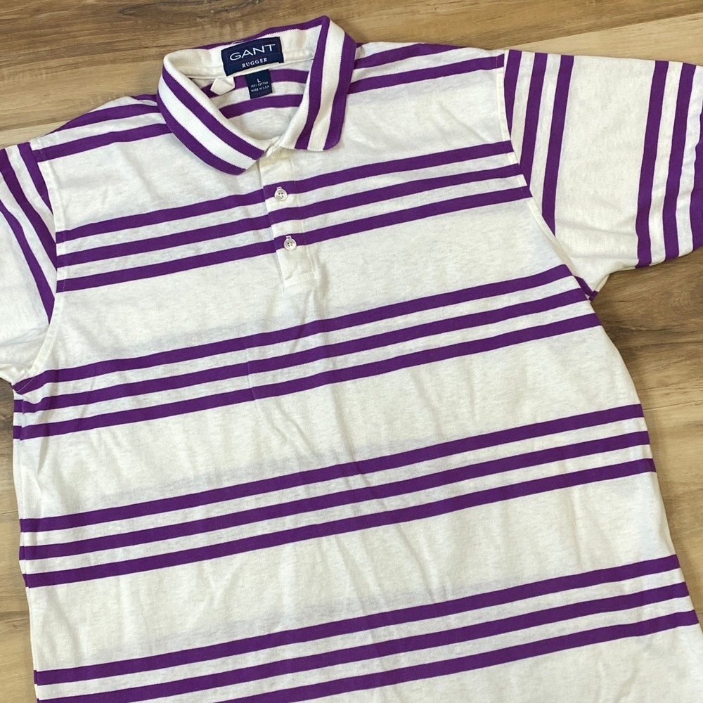 Gant Rugger Polo Shirt Mens L Vintage 90s Cotton Striped Purple White USA Made